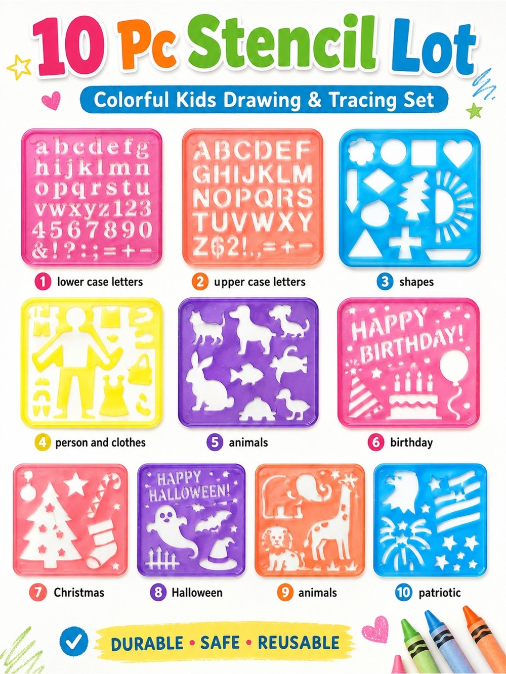 Kids Drawing Stencil Set Lot 10 Alphabet Animals Holiday Shapes Crafts